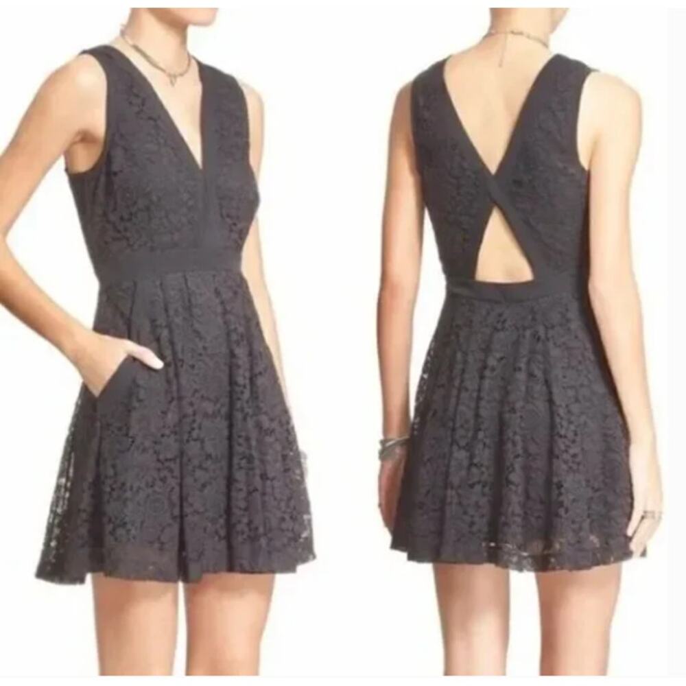 Free People Lovely in Lace Mini Dress Steel Gray with Pockets Cutout‎ Back S